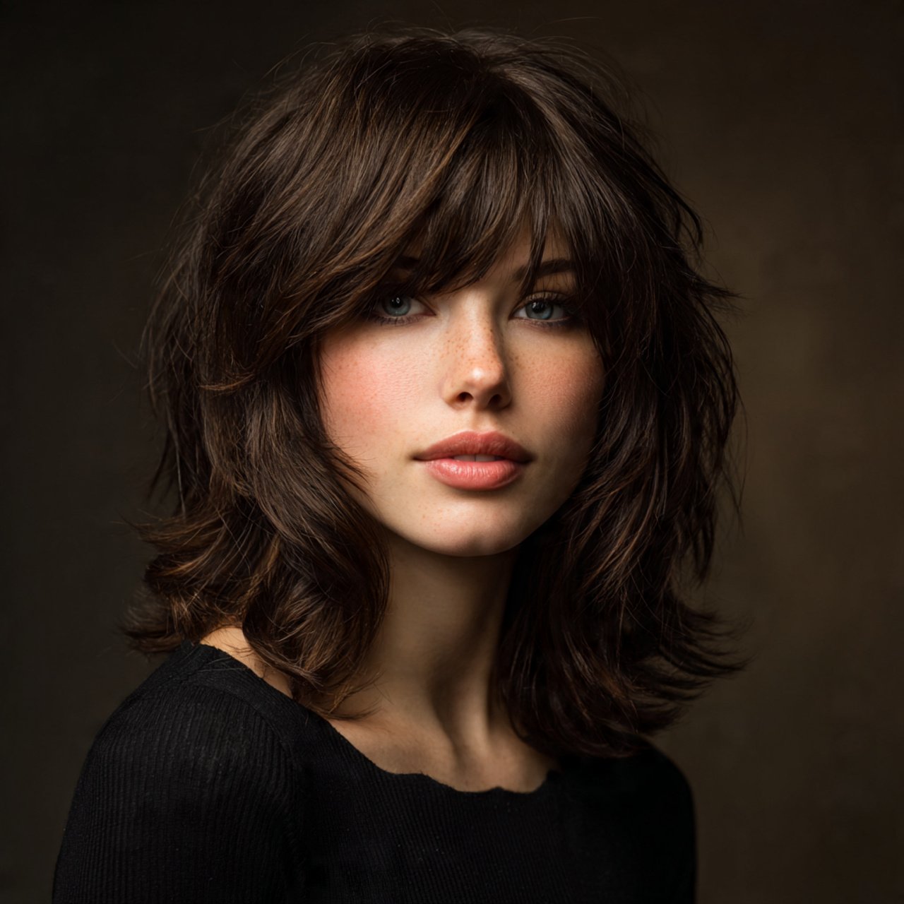 a young woman with a soft wolf cut hairstyle layer