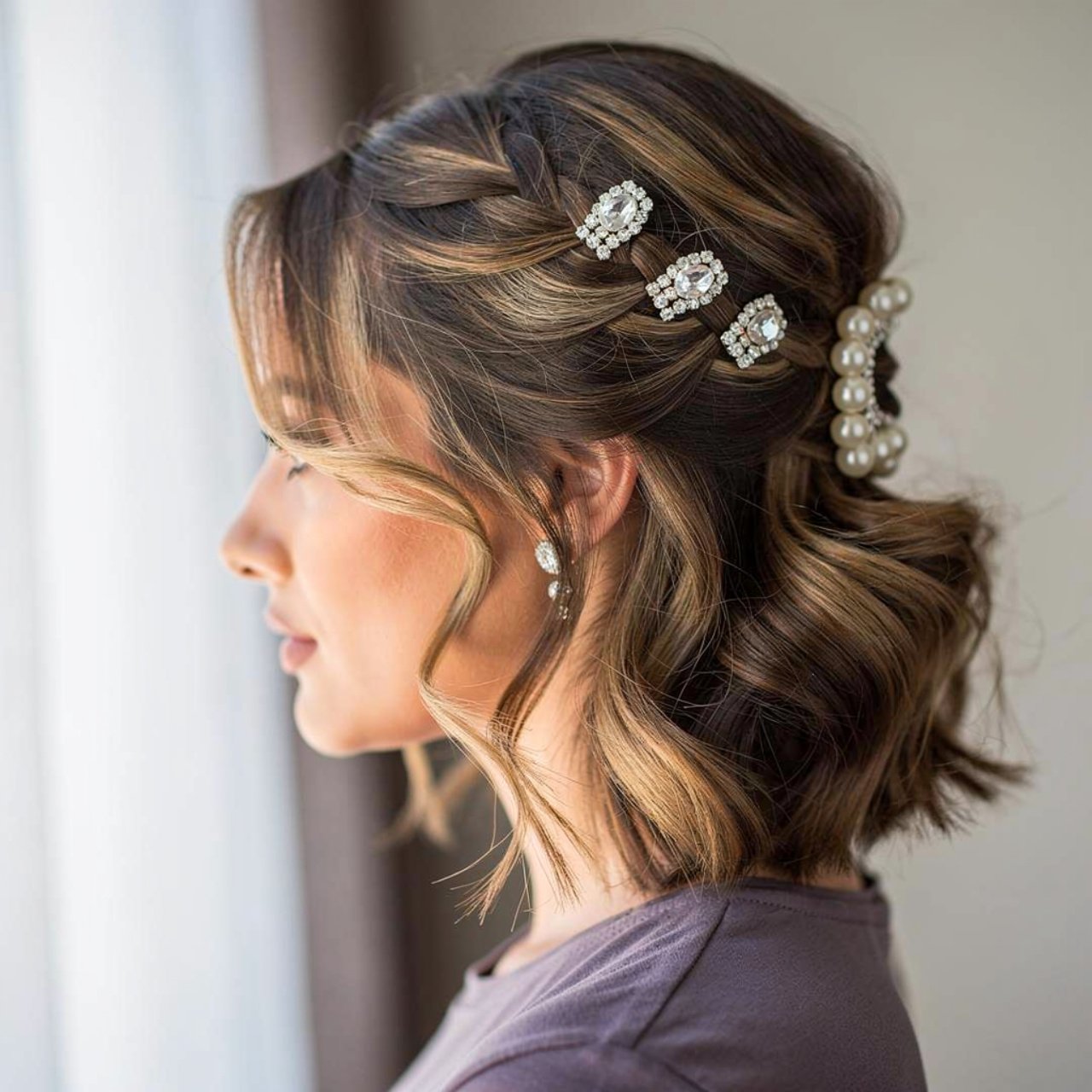 accessorized half up style prom hairstyles for med