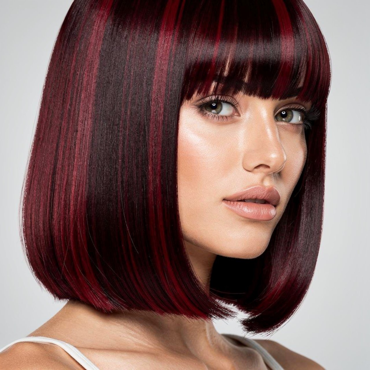 black cherry lob hair color single portrait photo