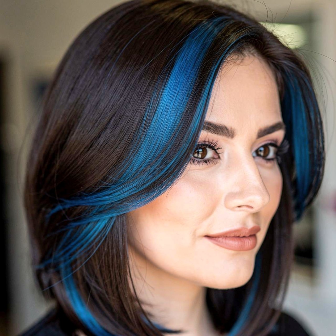 blue peekaboo highlights hair color single portrai