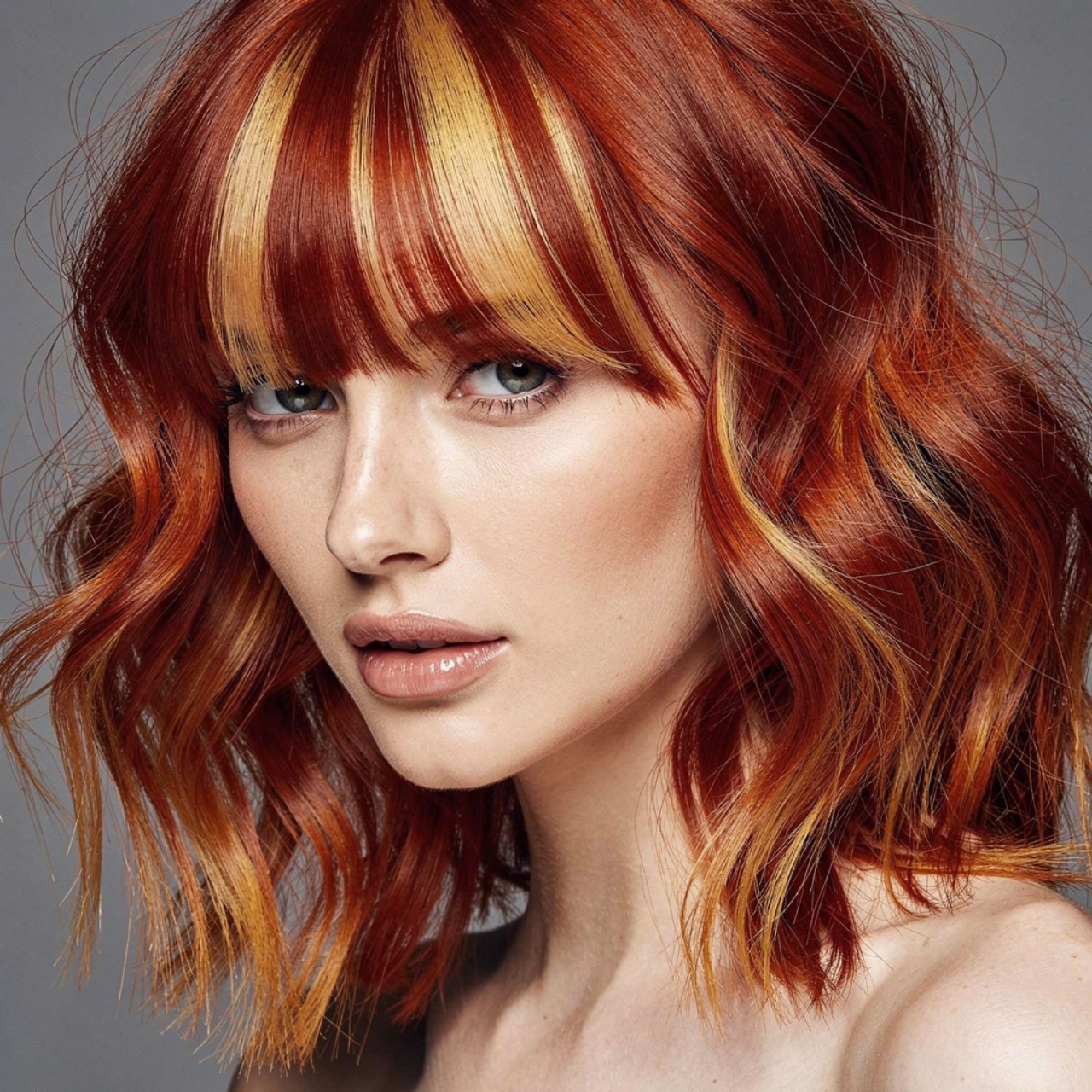bold ginger hair with bright money piece face fram