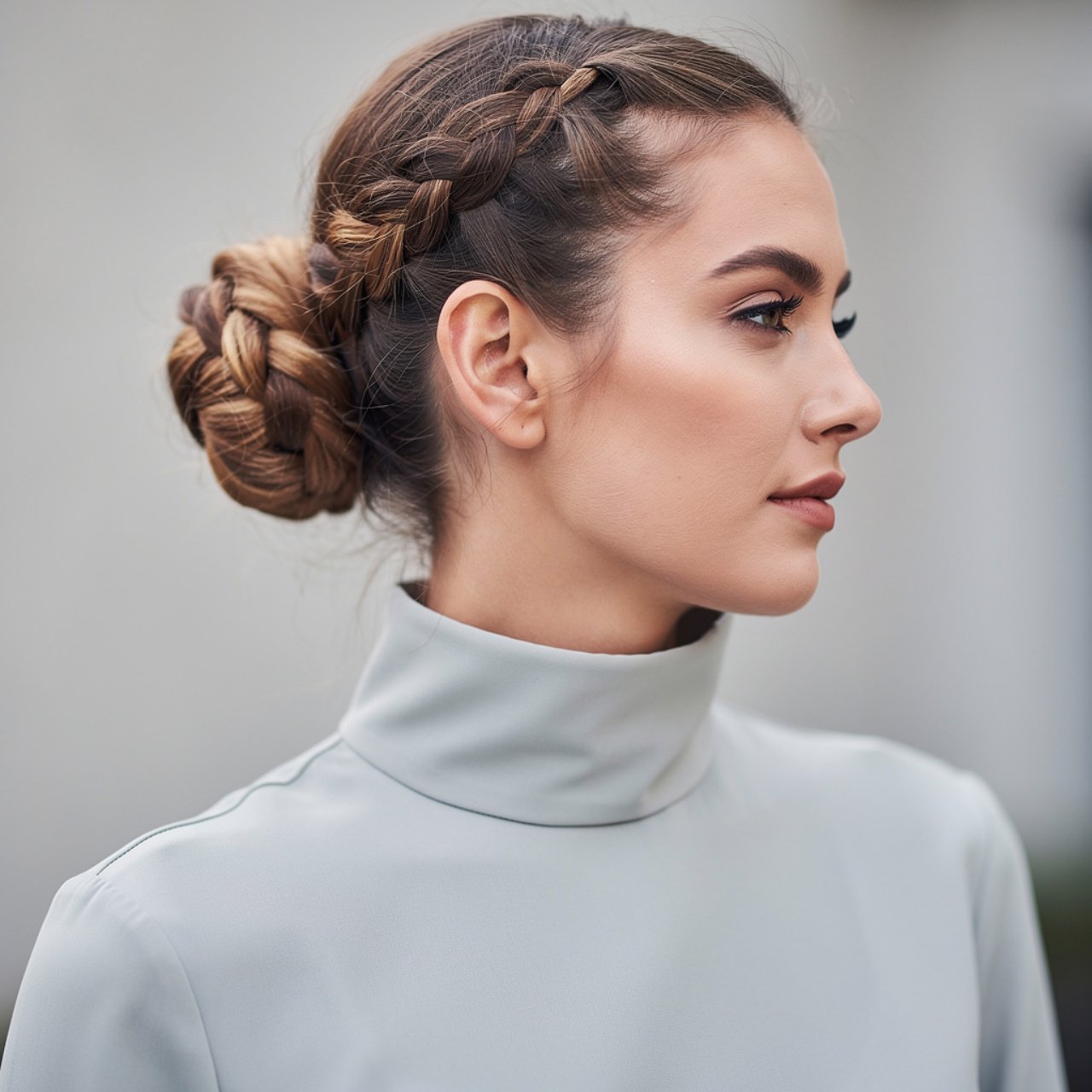 braided bun hairstyle focus on hair woman wearing