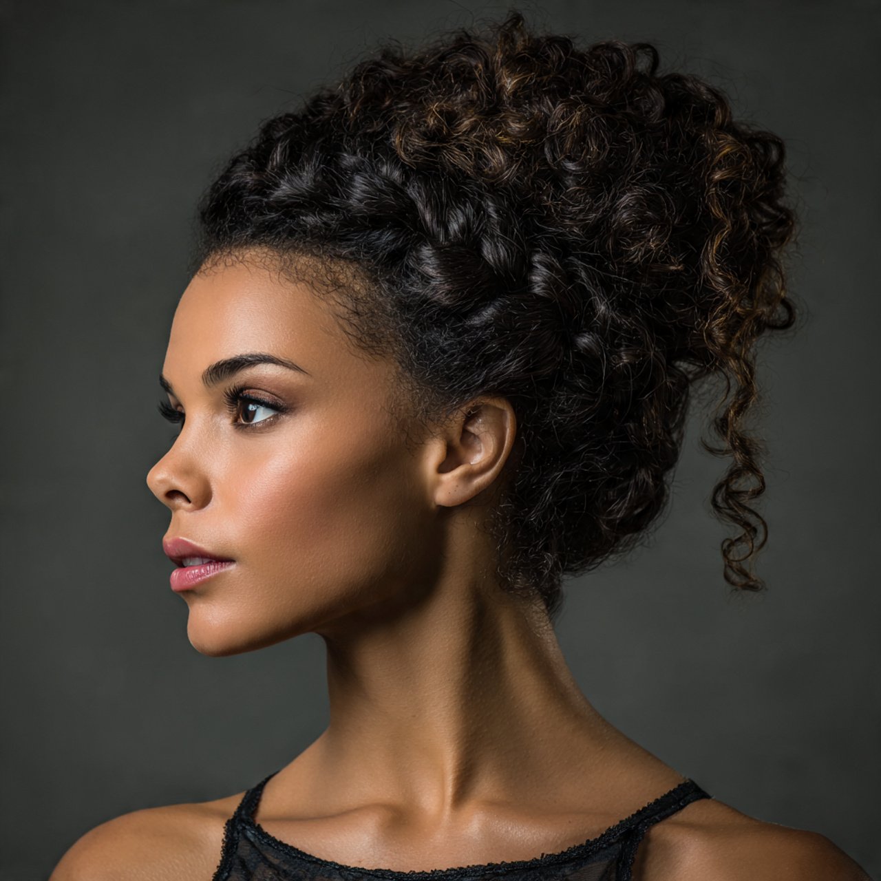 braided curly bun hairstyle single portrait elegan