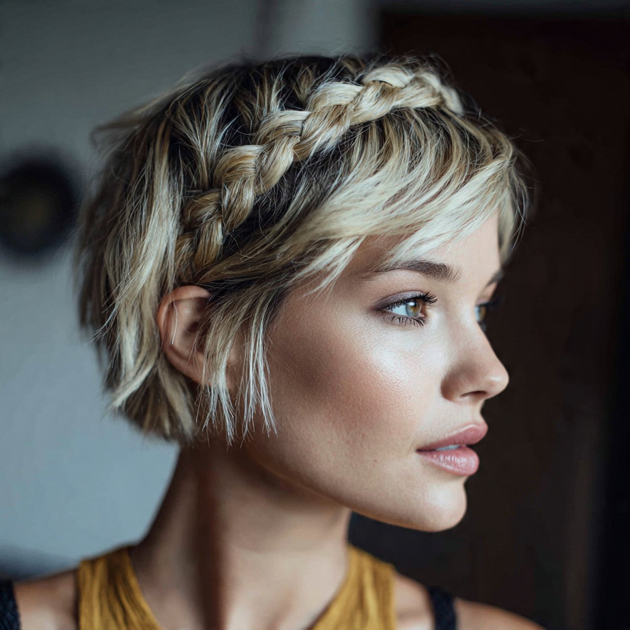 braided headband hairstyle for short hair single p