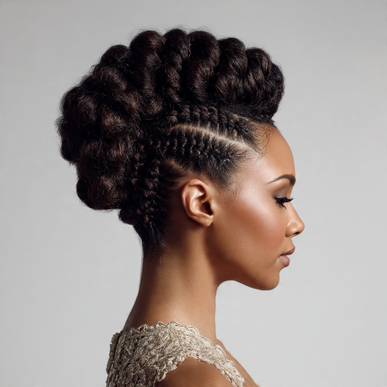 braided mohawk updo hairstyle on a model intricate