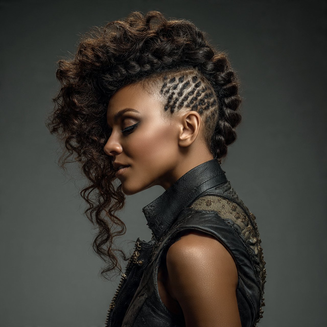 braided mohawk with curls hairstyle detailed hair