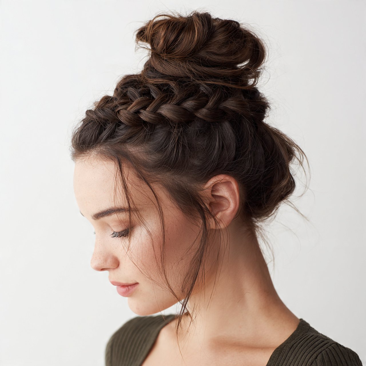 braided top knot hairstyle for a woman with short