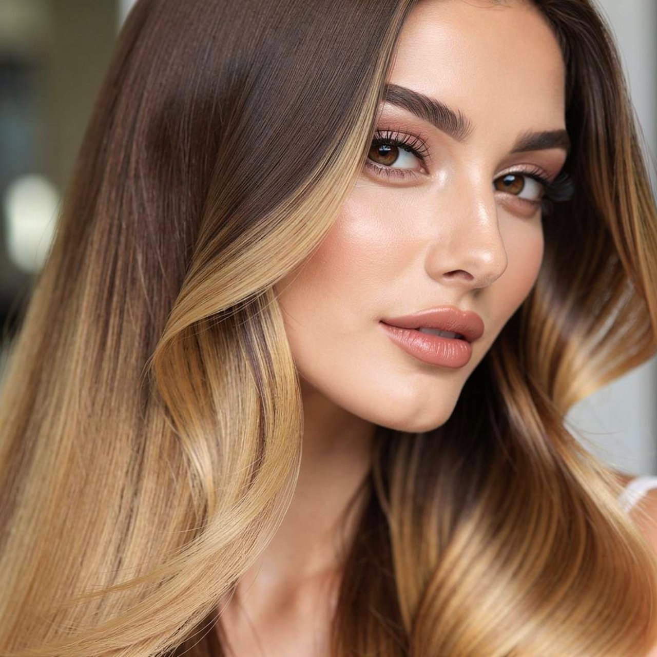 classic brown to blonde ombre hair color woman wit