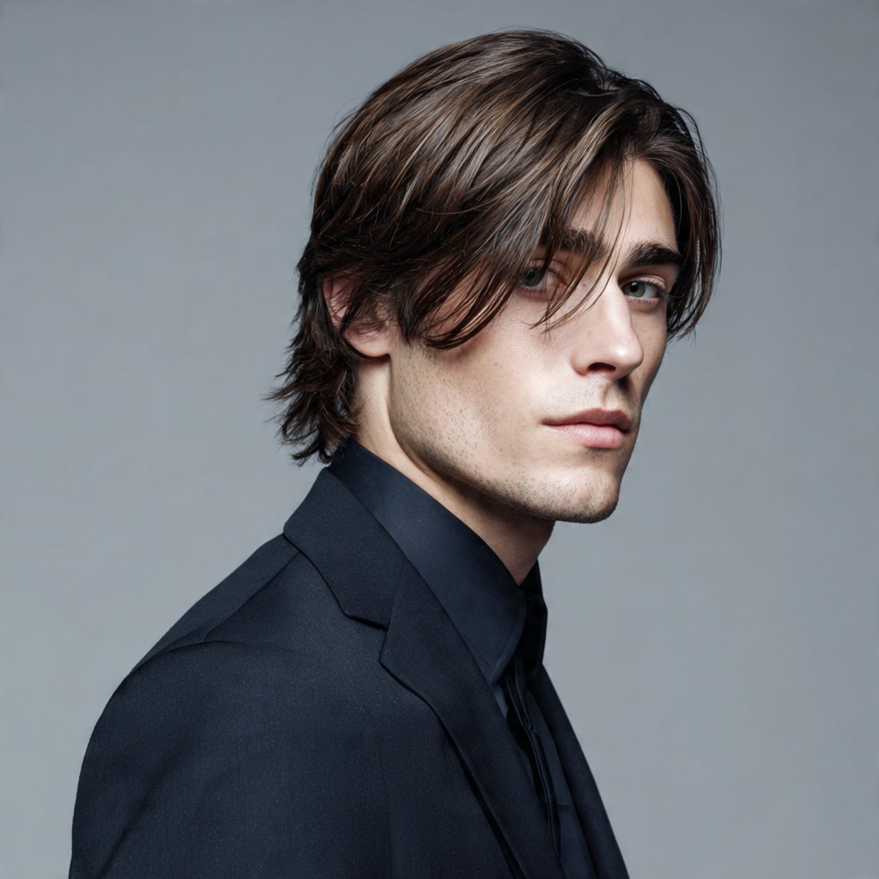 classic middle part curtain bangs mens hairstyle p