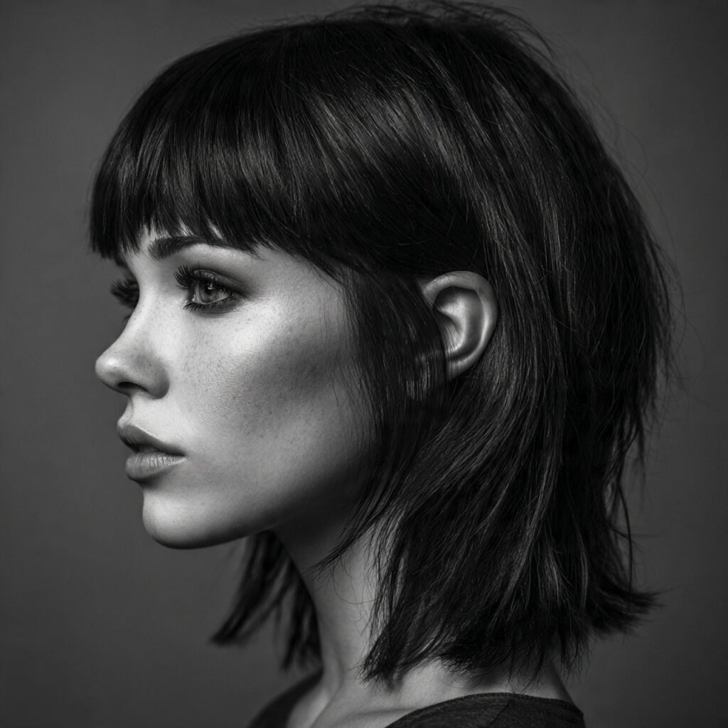 classic wolf cut hairstyle with bangs single portr
