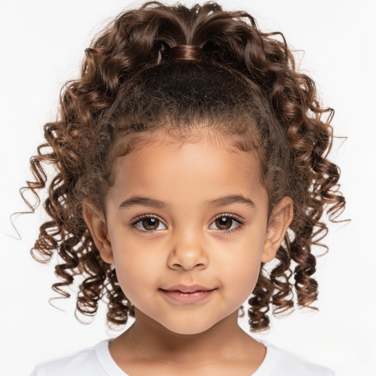 close up of a child with a curly ponytail hairstyl