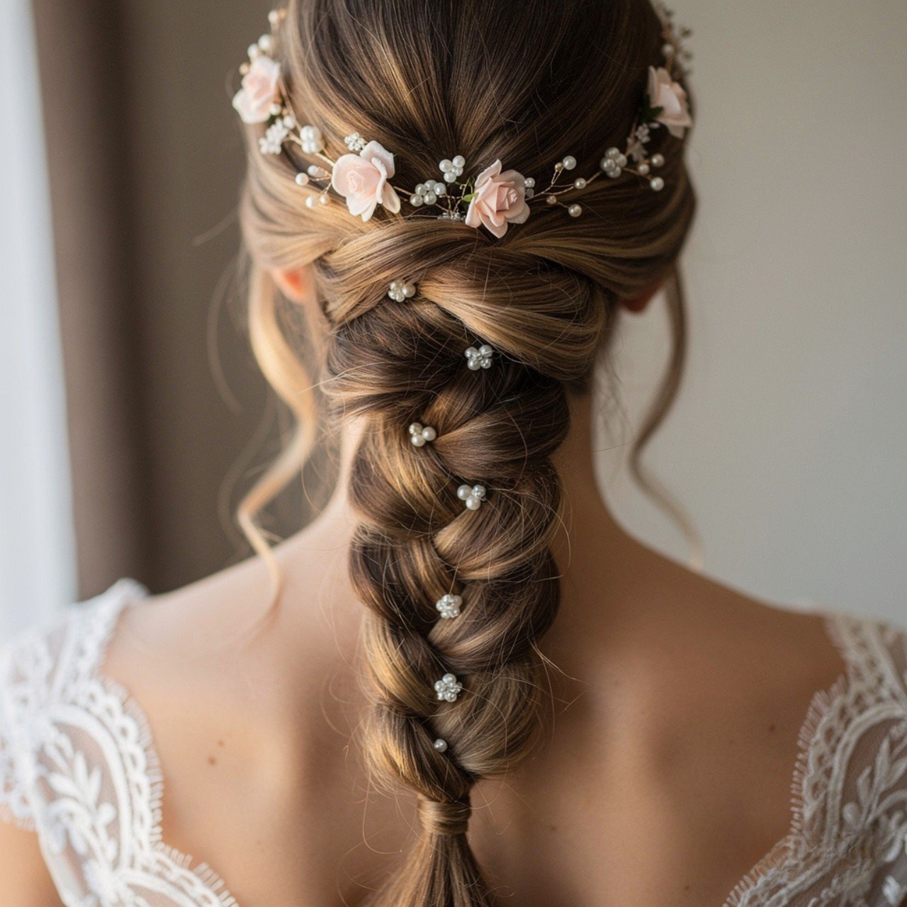 close up photo of a bridal braided ponytail weddin 1