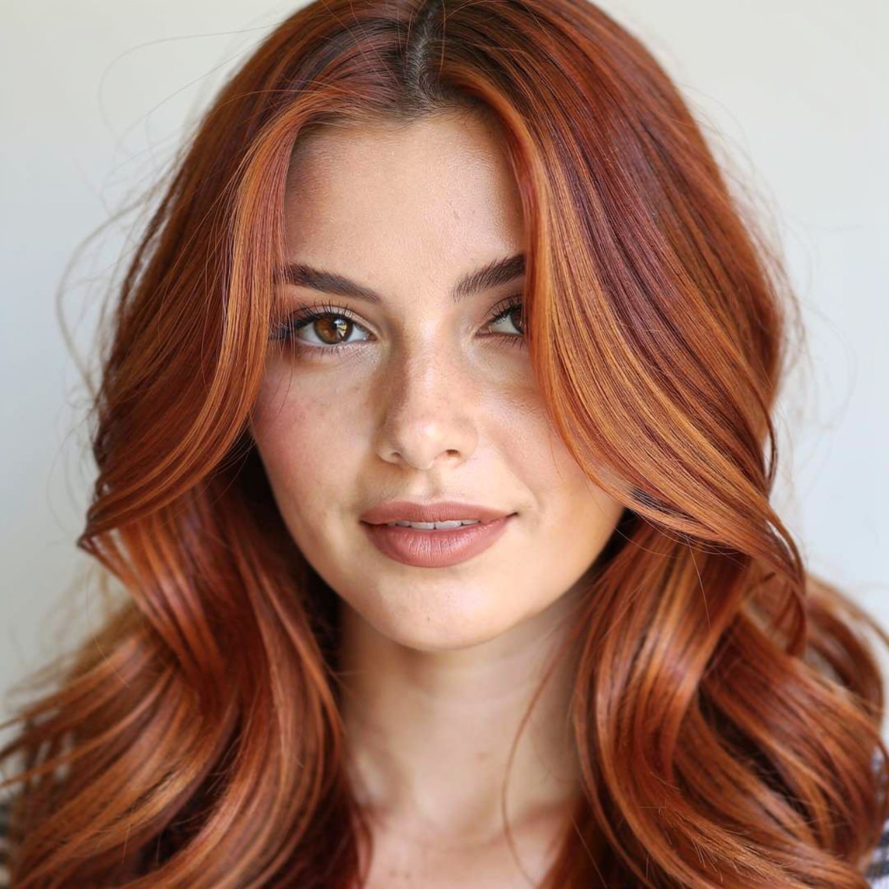 copper auburn balayage hair color on a woman squar