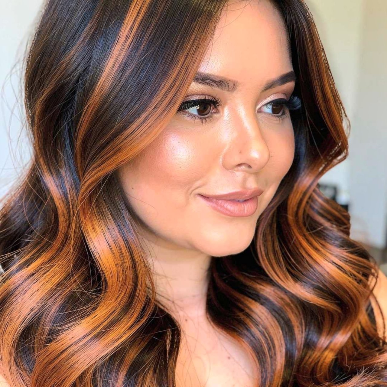 copper balayage highlights on dark brown hair sing