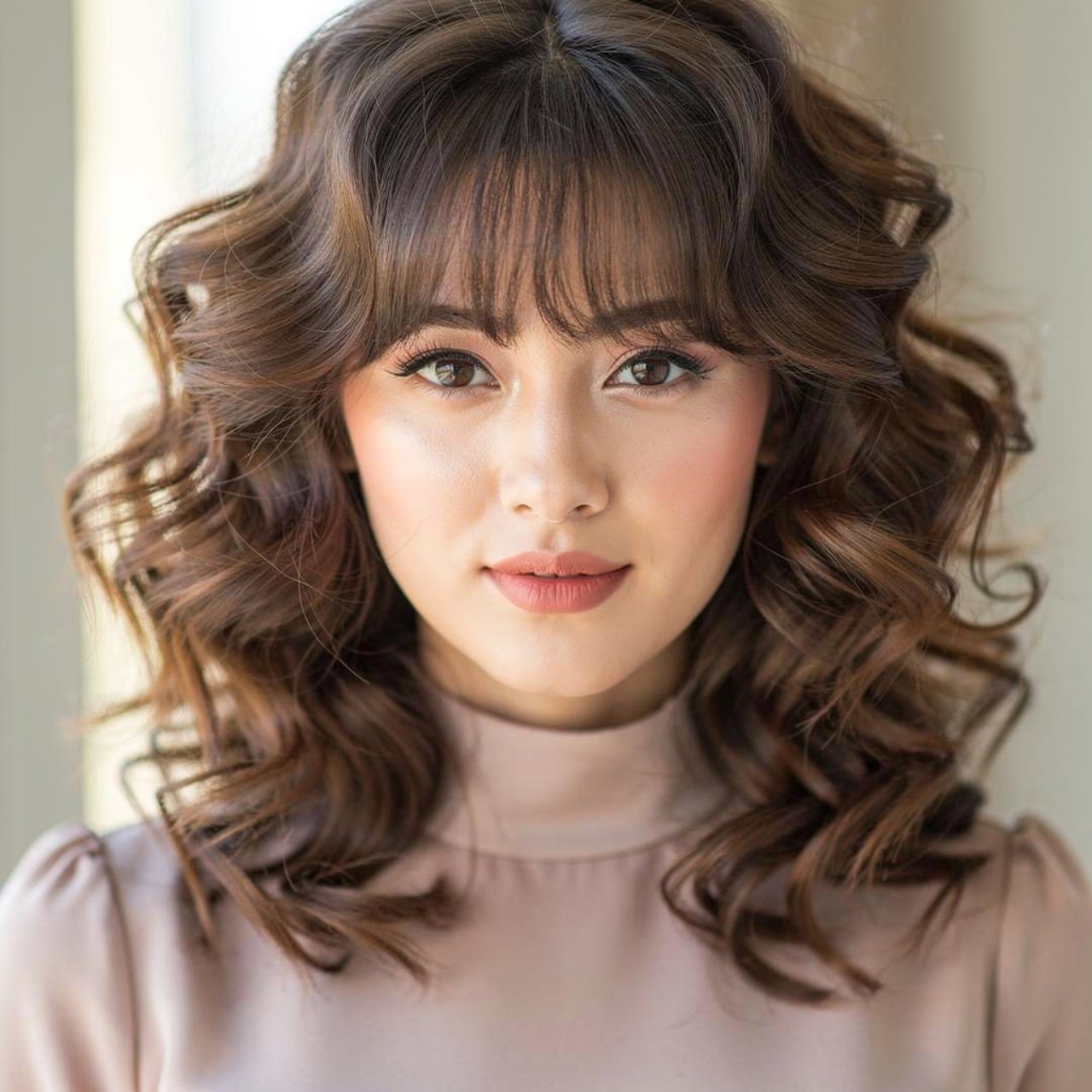 curly curtain bangs and layered hair hairstyle on