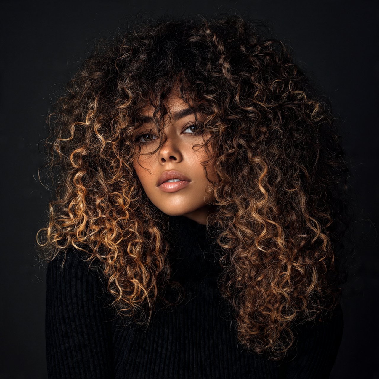 curly hair with highlights portrait of a person wi