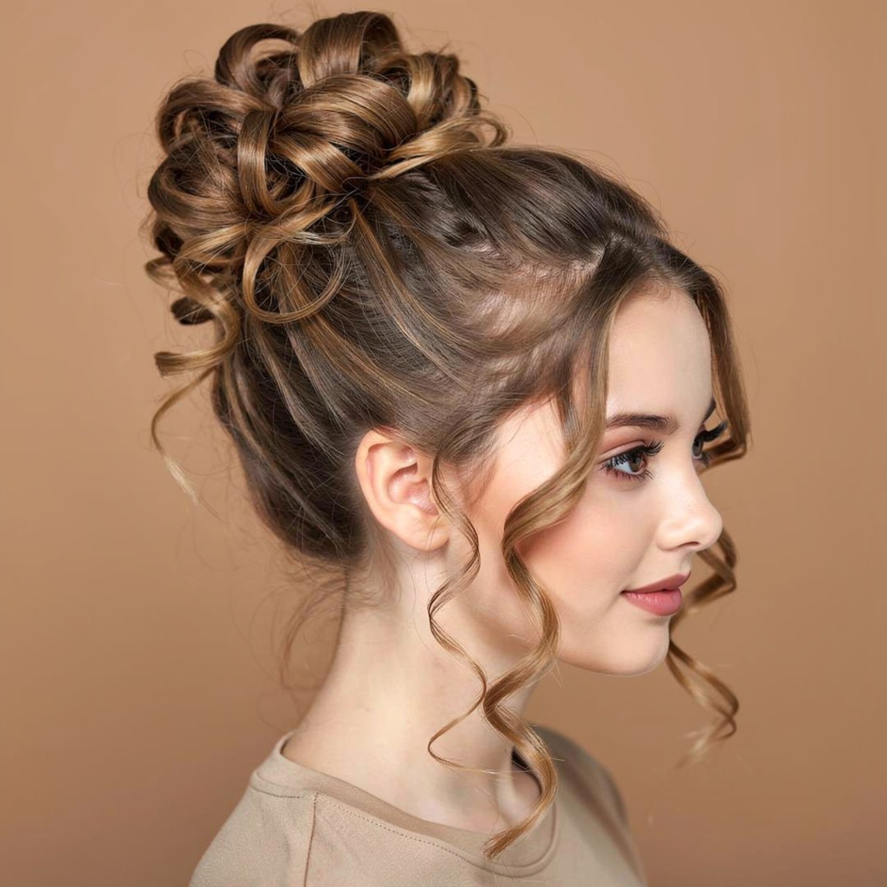 curly half up bun cute prom hairstyle square portr
