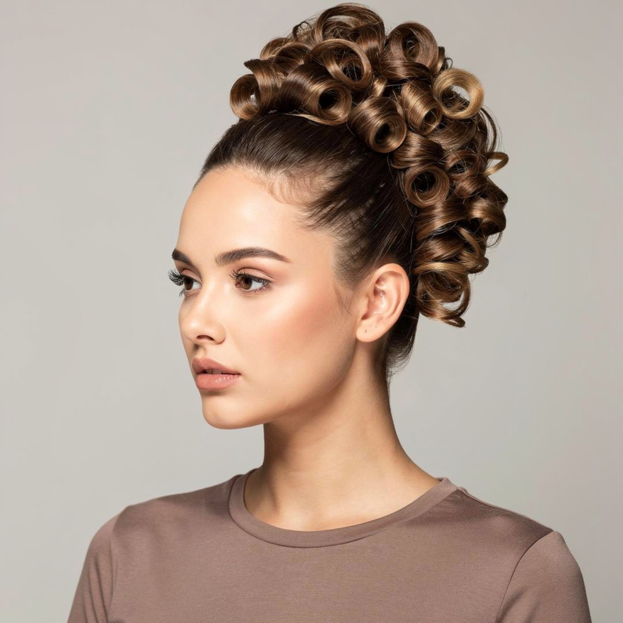 curly high bun prom hairstyle square portrait woma