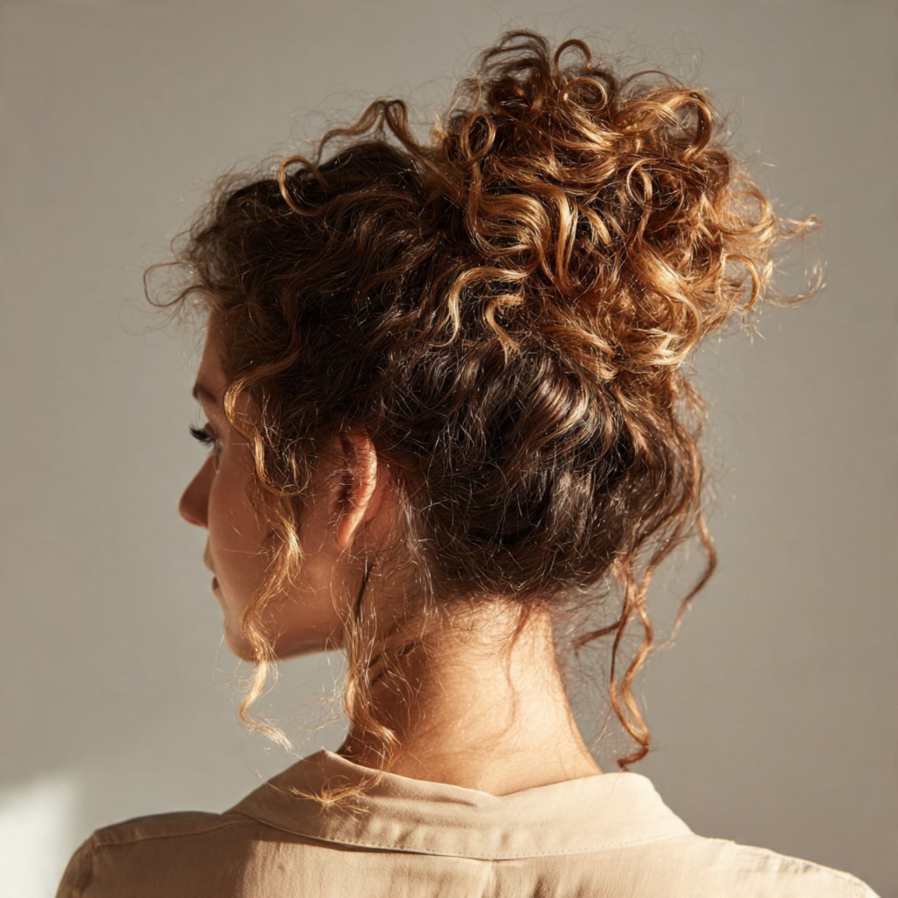 curly messy bun hairstyle for medium length hair s
