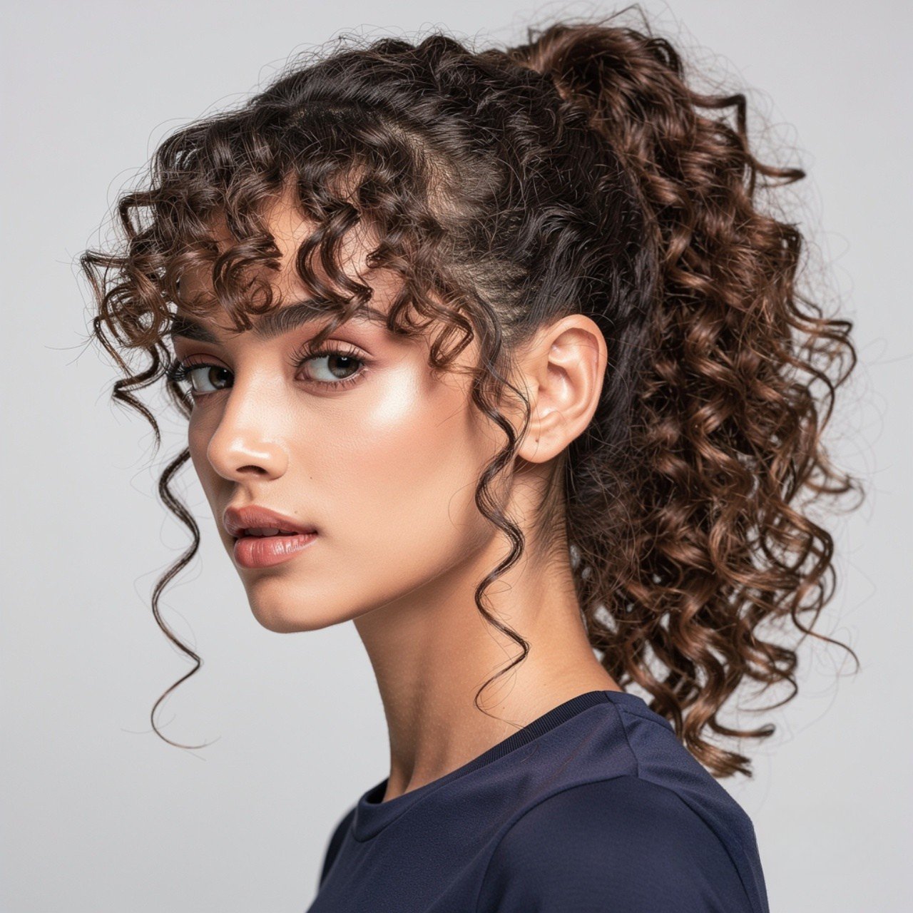 curly ponytail hairstyle with bangs square portrai
