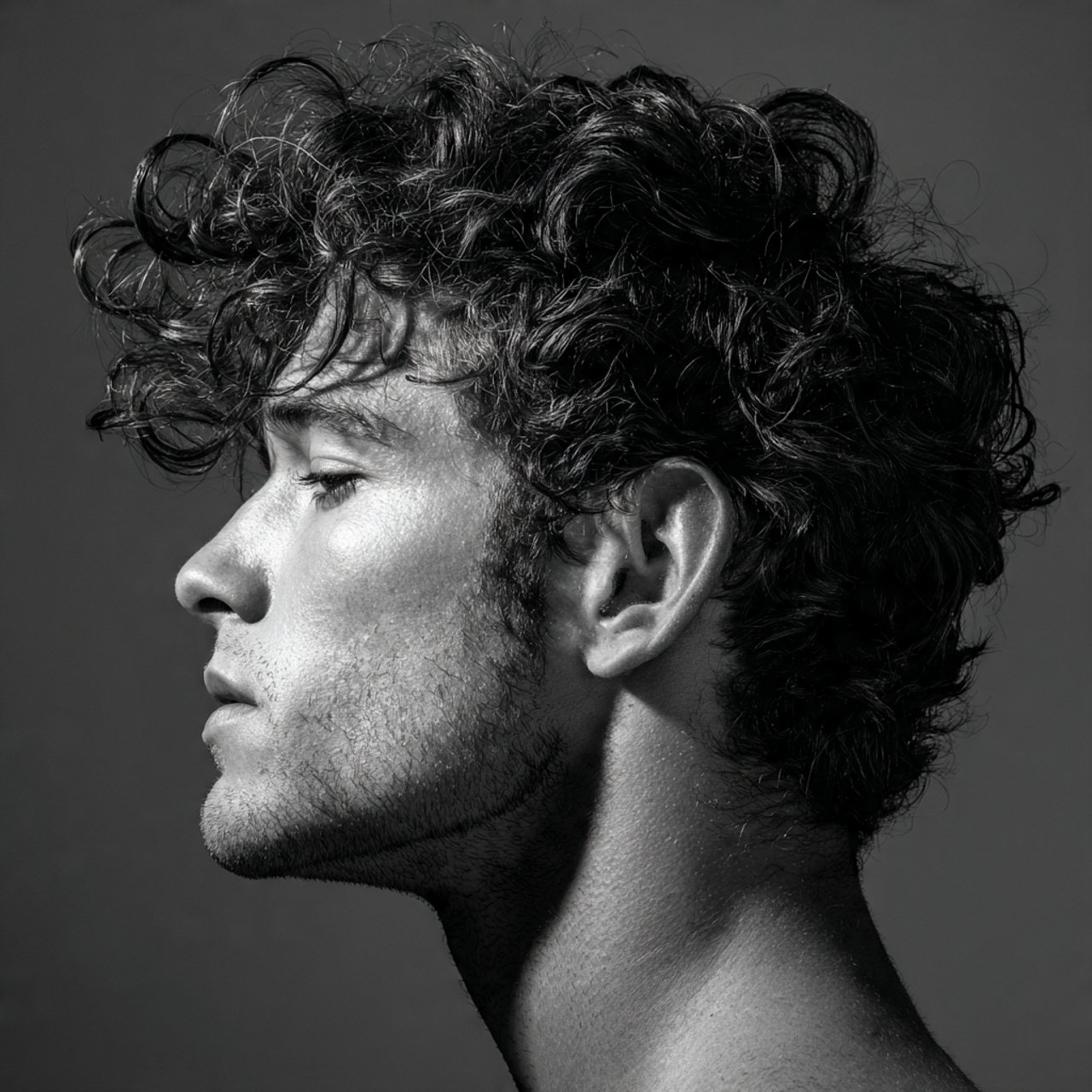 curly slick back hairstyle for men single portrait
