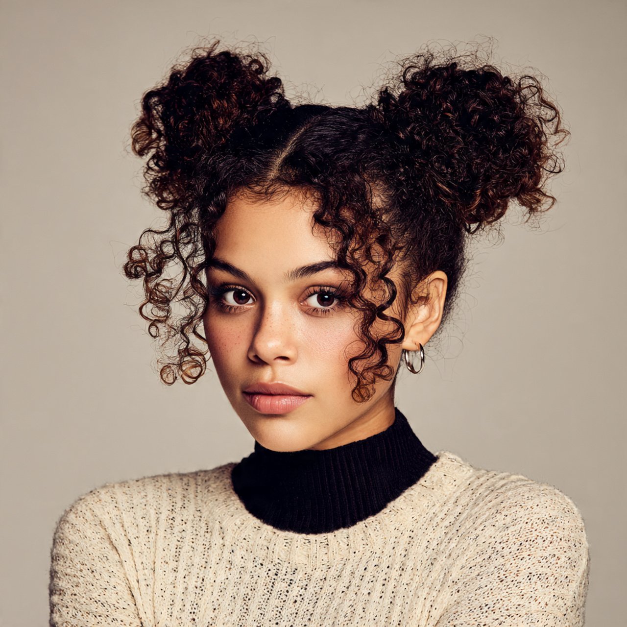 curly space buns hairstyle on a young woman detail