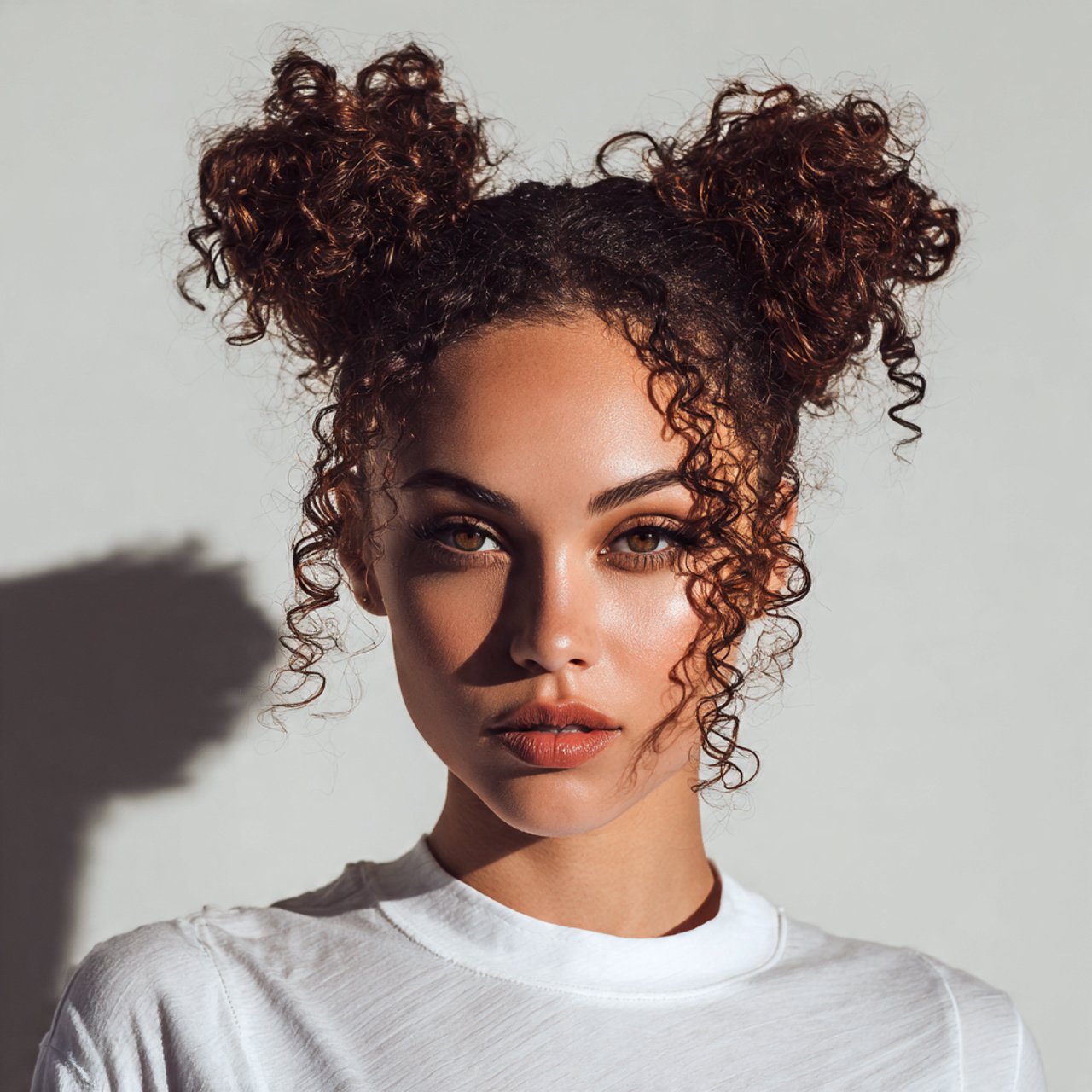 curly space buns hairstyle single portrait detaile