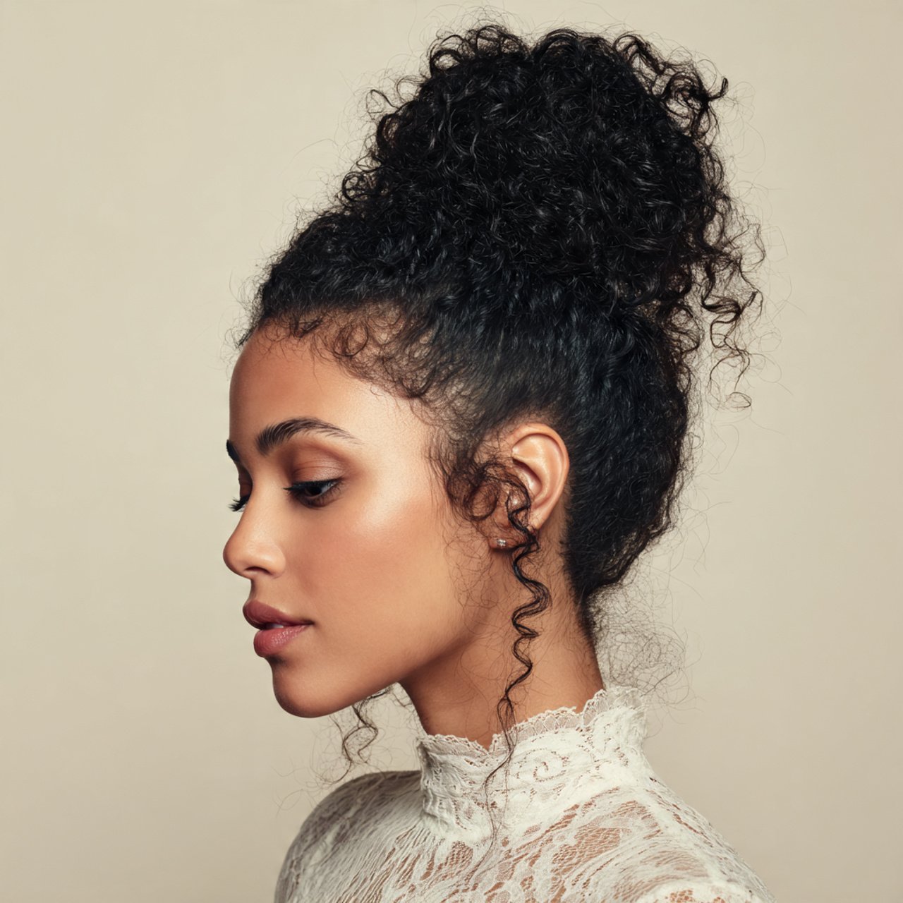 curly top knot hairstyle on a person showcasing te
