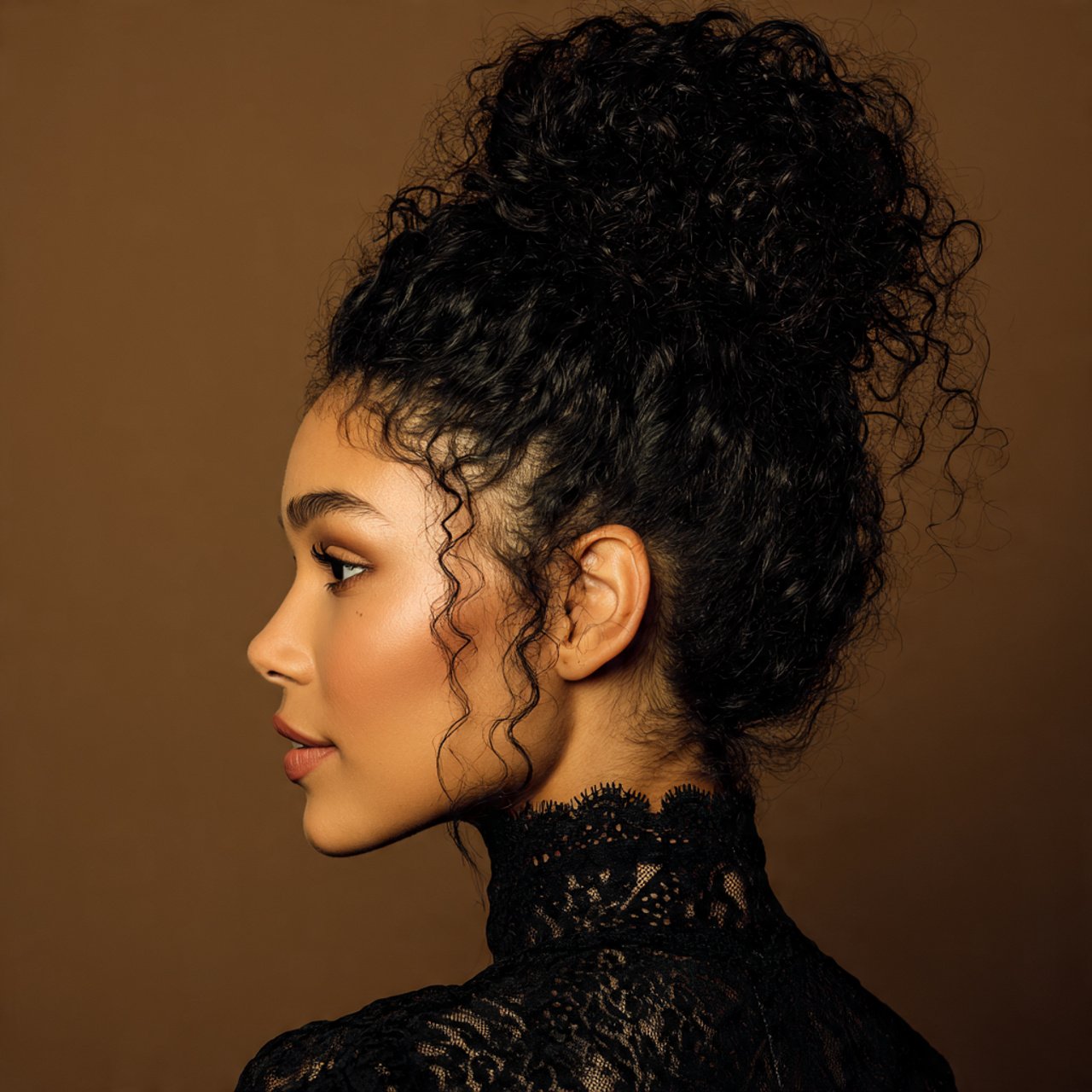curly top knot updo hairstyle single photo elegant