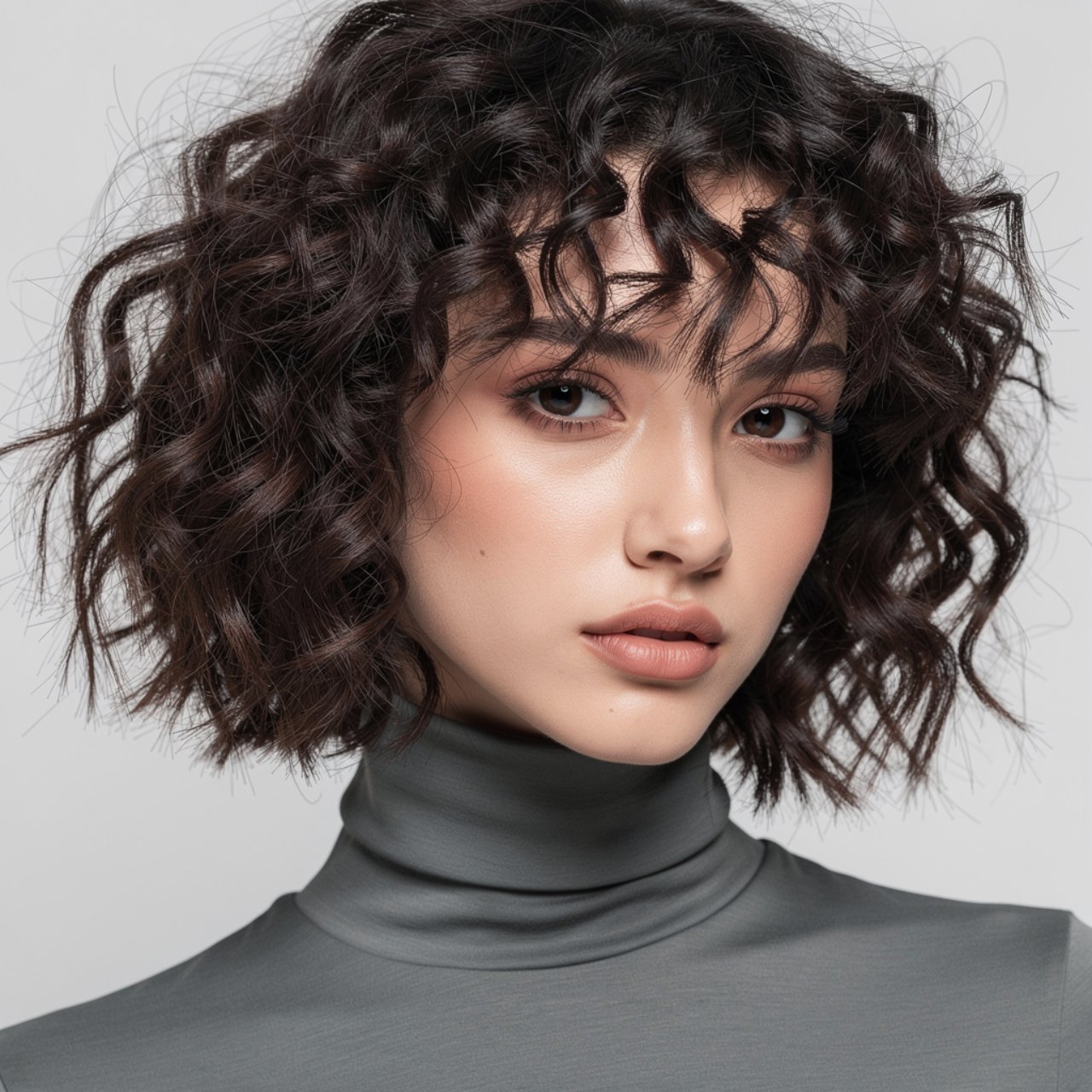 curly wolf cut hairstyle on a stylish girl wearing