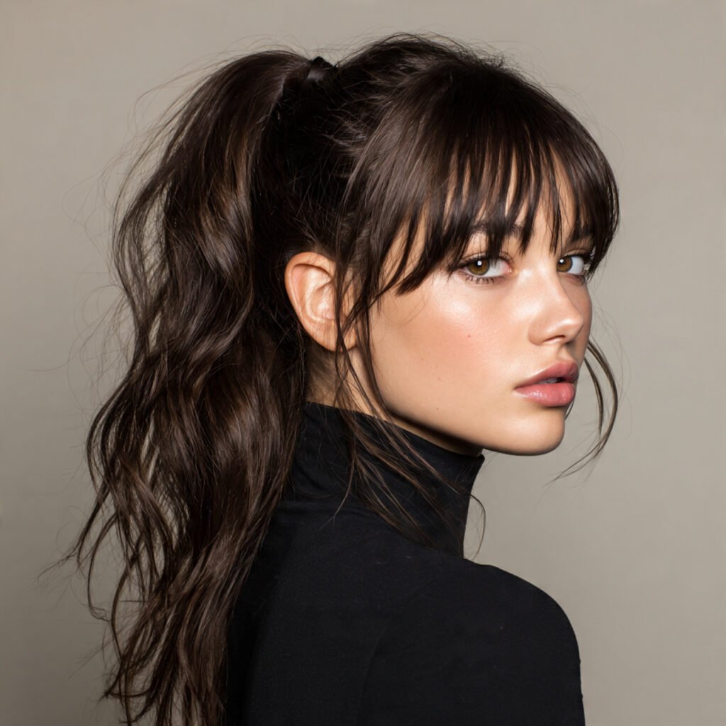 curtain bangs hairstyle with a high ponytail singl
