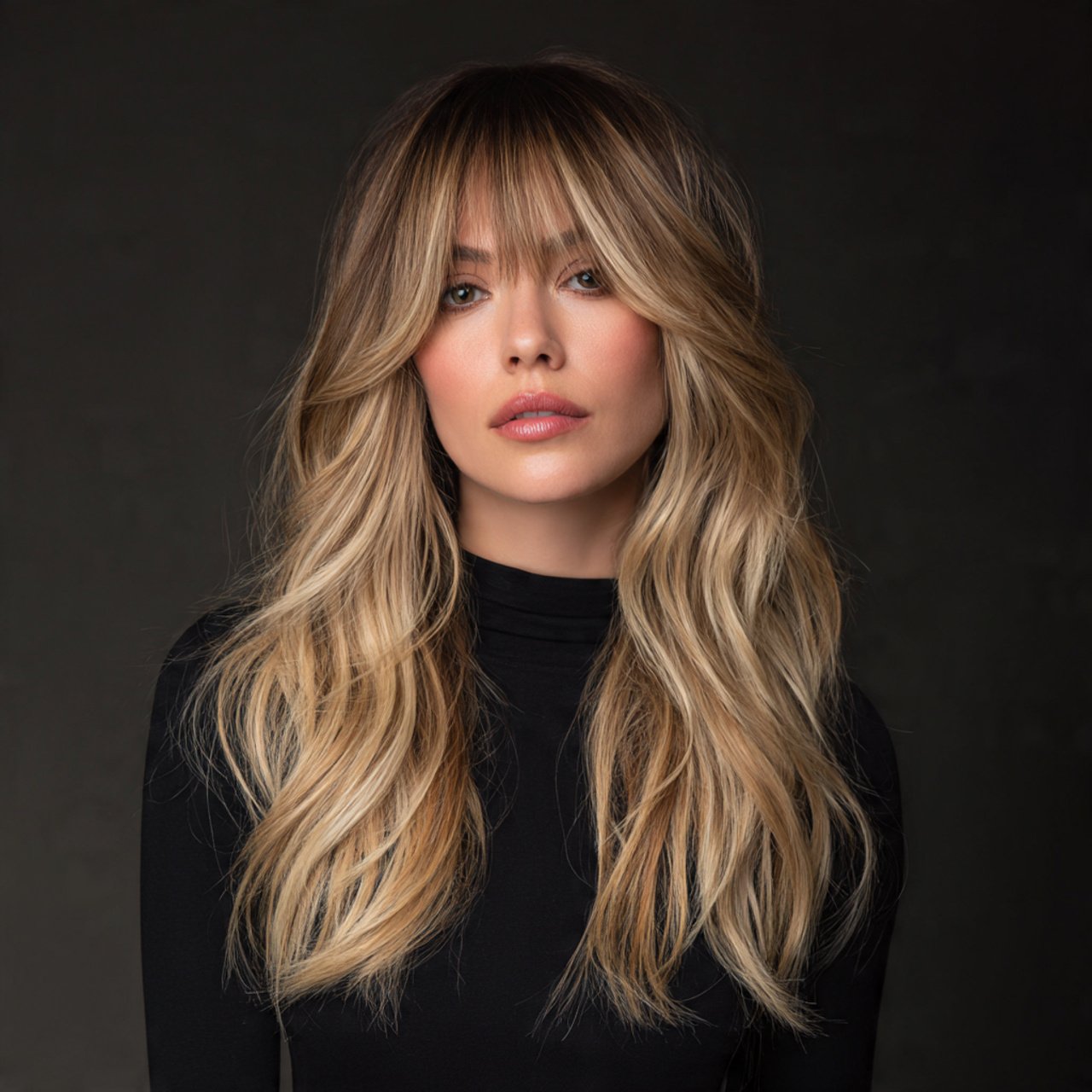 curtain bangs hairstyle with balayage layers singl