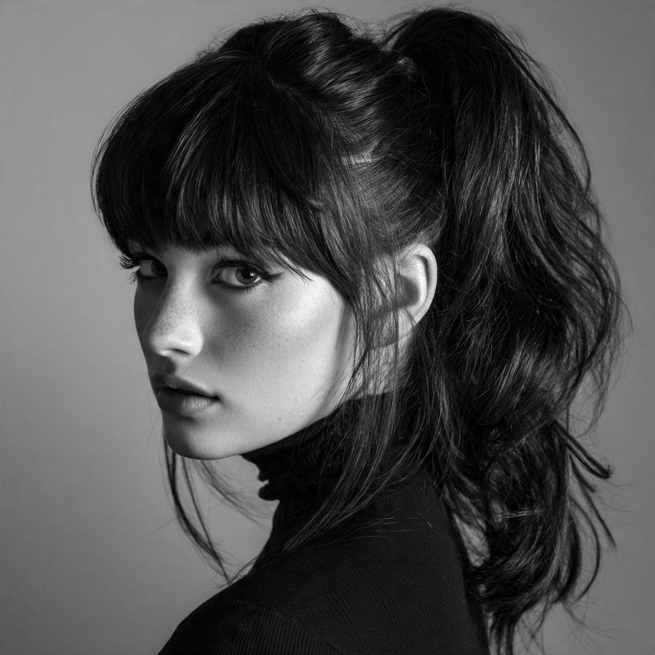 curtain bangs with high ponytail hairstyle single