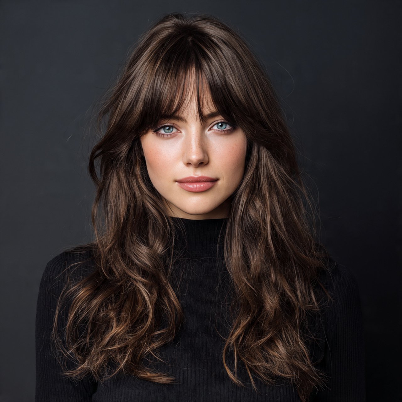 curtain bangs with long layers hairstyle on a woma