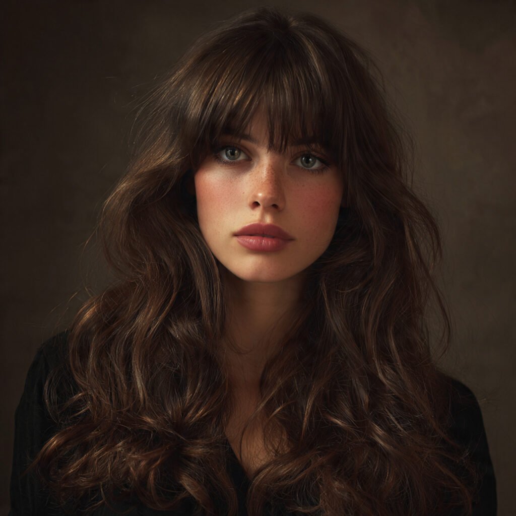 curtain bangs with loose waves hairstyle single po