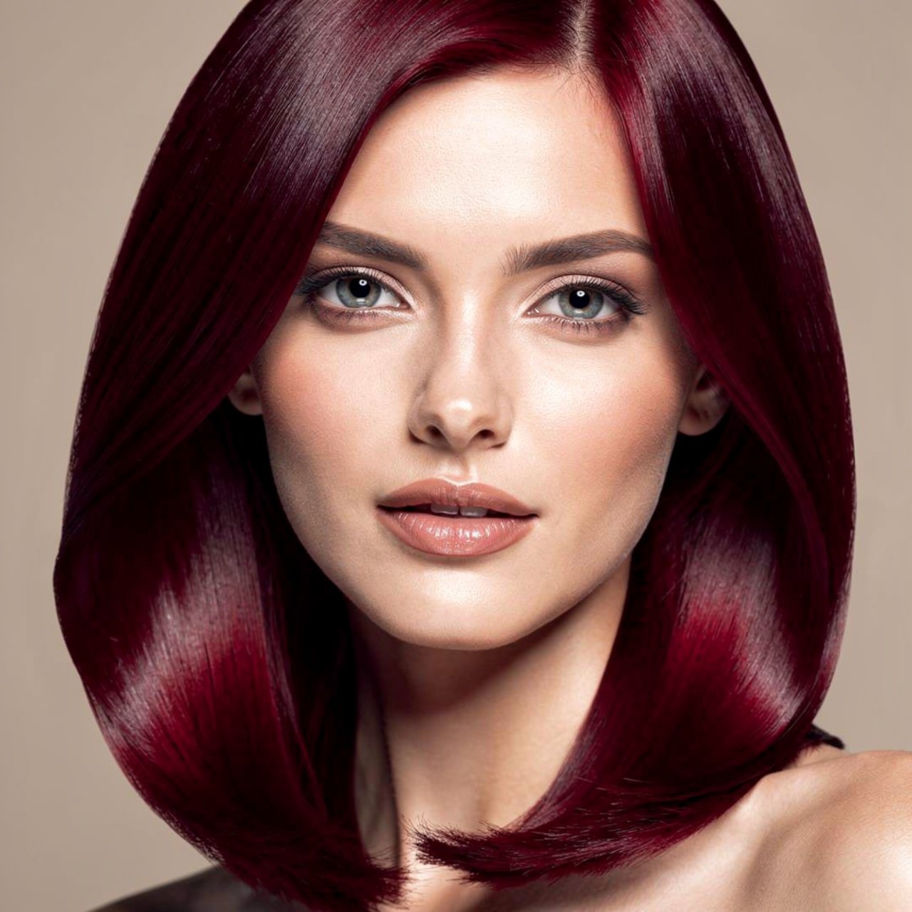 deep burgundy red hair color single portrait rich