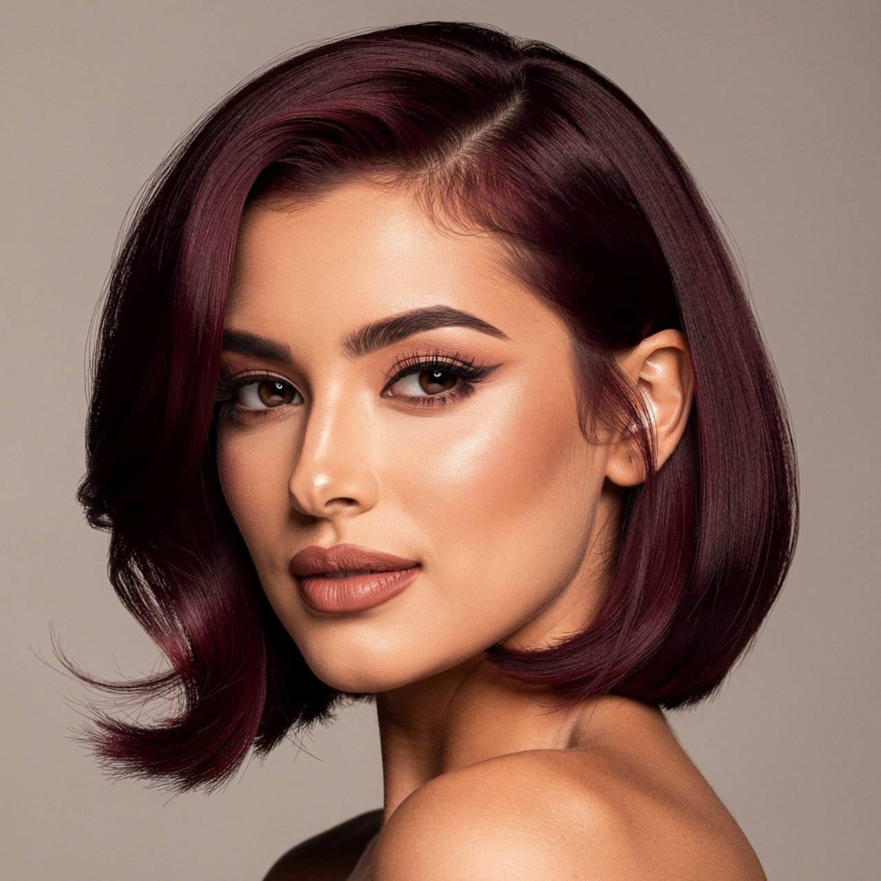 deep mahogany plum hair color single portrait of a
