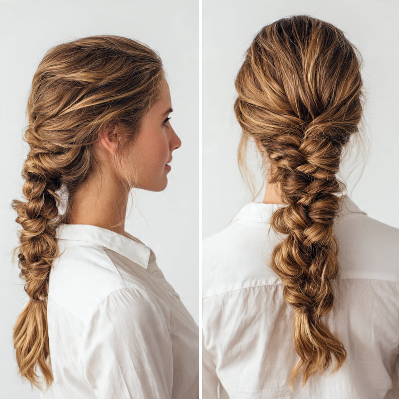 easy braided low ponytail hairstyle on a woman sid