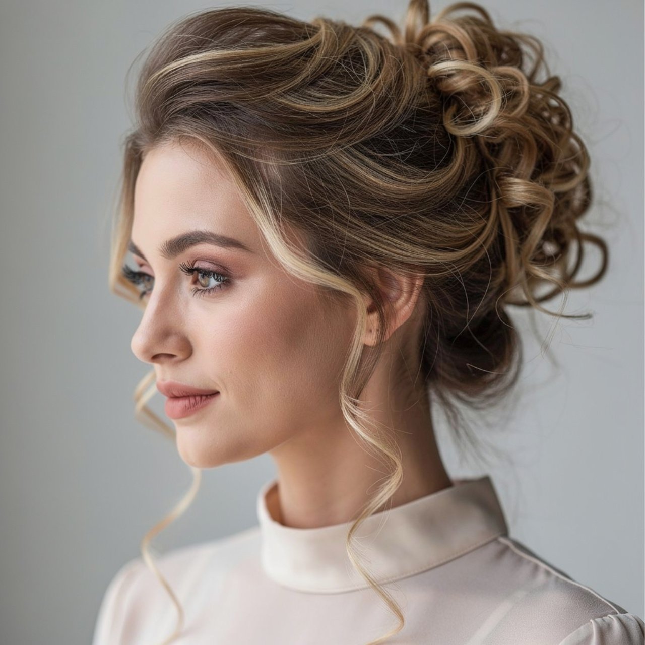 easy curly loose updo hairstyle woman wearing a fu