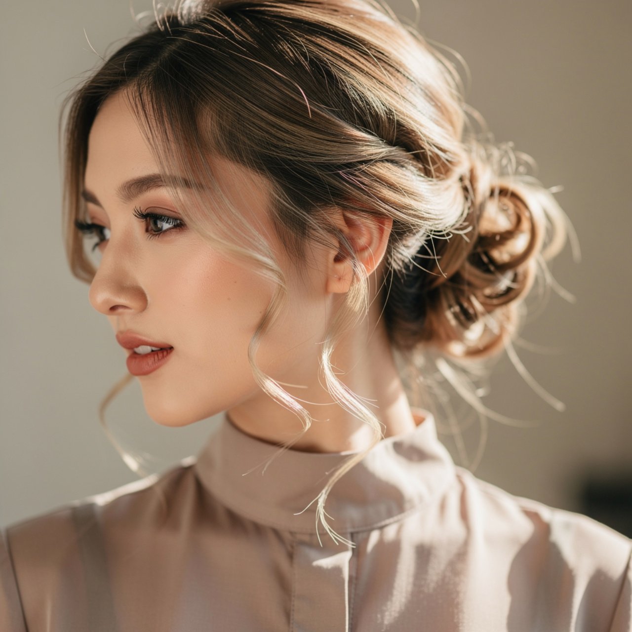 easy curly low bun hairstyle focus on hair detail