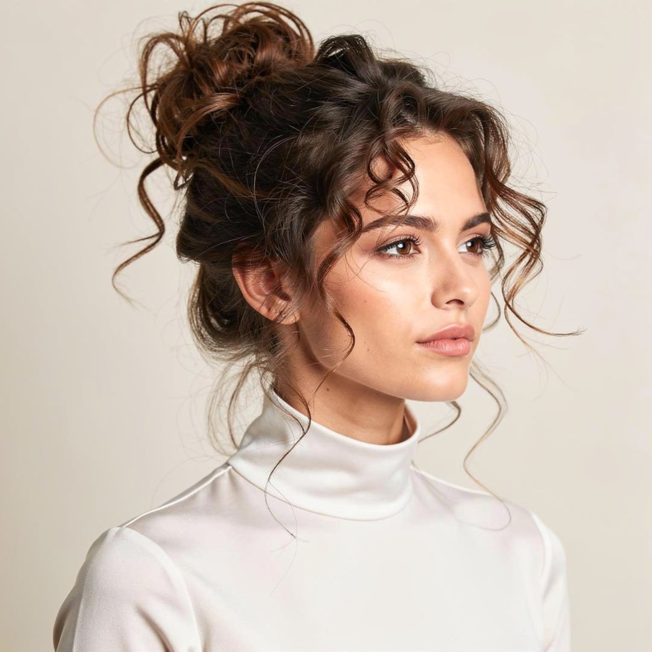 easy messy curly bun hairstyle woman wearing a ful
