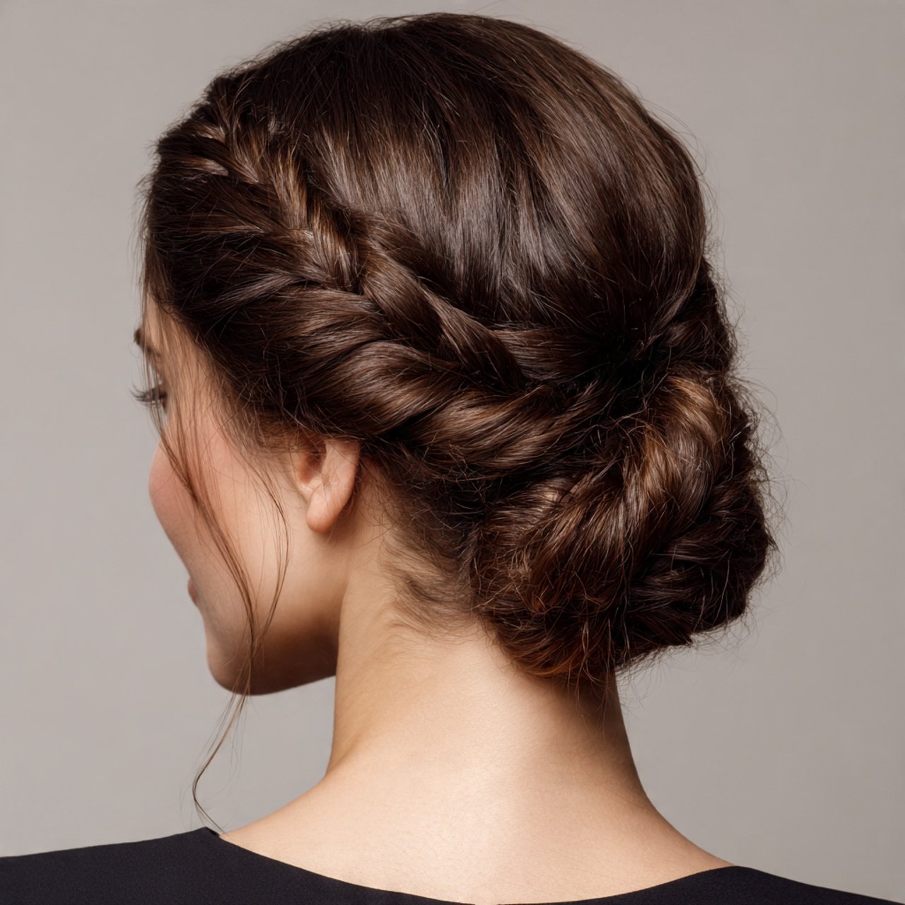 elegant braided low bun hairstyle on a woman detai