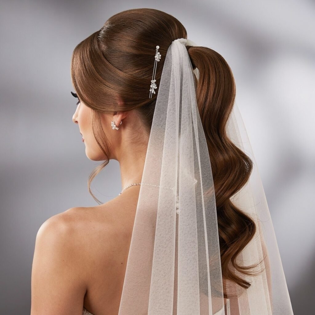 elegant bridal hairstyle featuring a high ponytail
