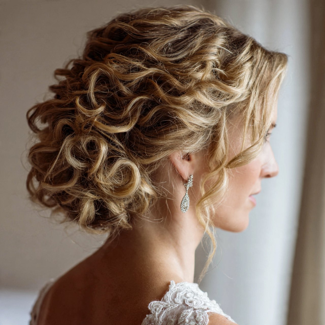 elegant curly bridal updo hairstyle on a bride sin