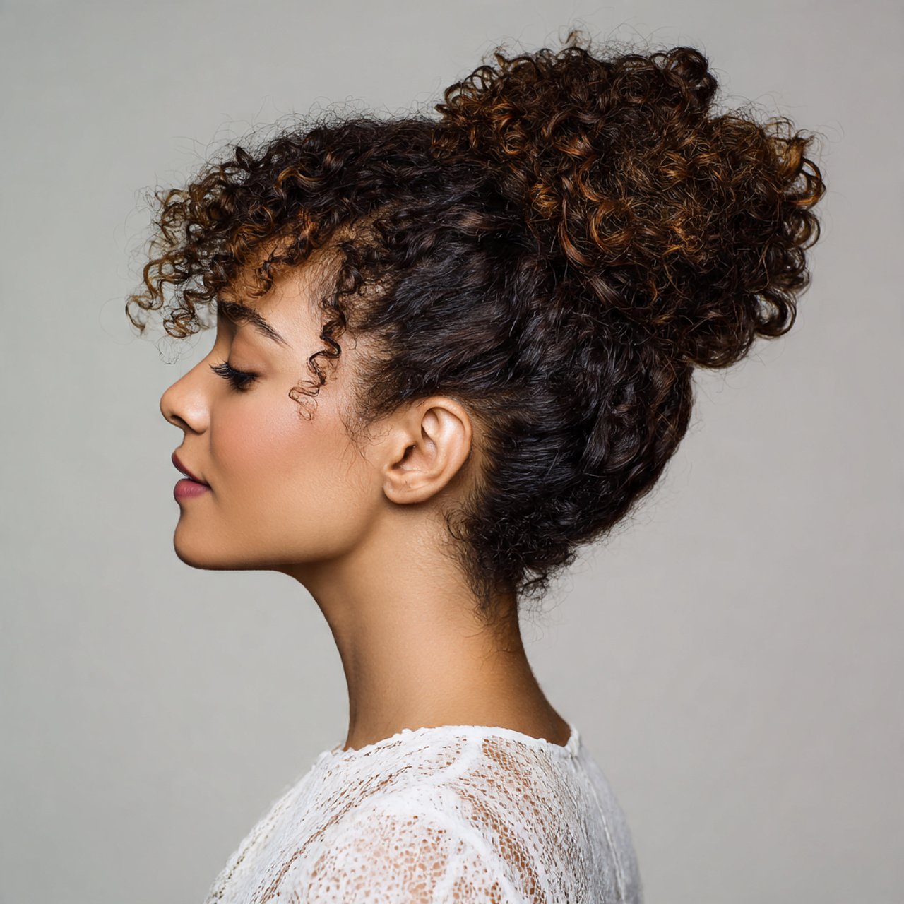 elegant curly bun hairstyle with a defined side pa