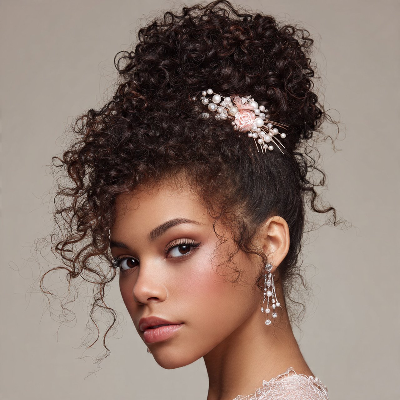 elegant curly bun hairstyle with accessories singl
