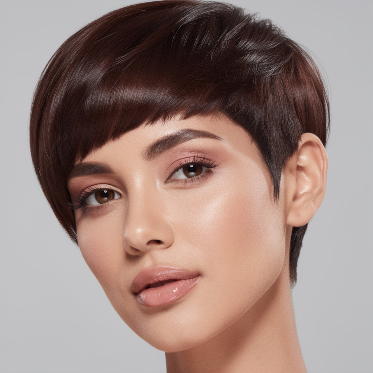 glossy chocolate brown pixie haircut on a womans f