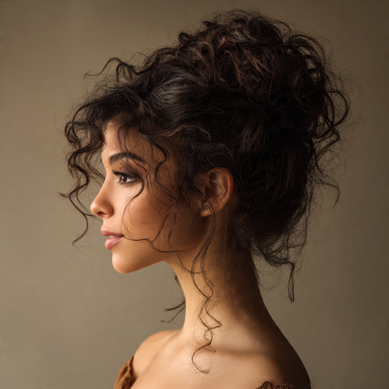 half up curly bun hairstyle single portrait detail