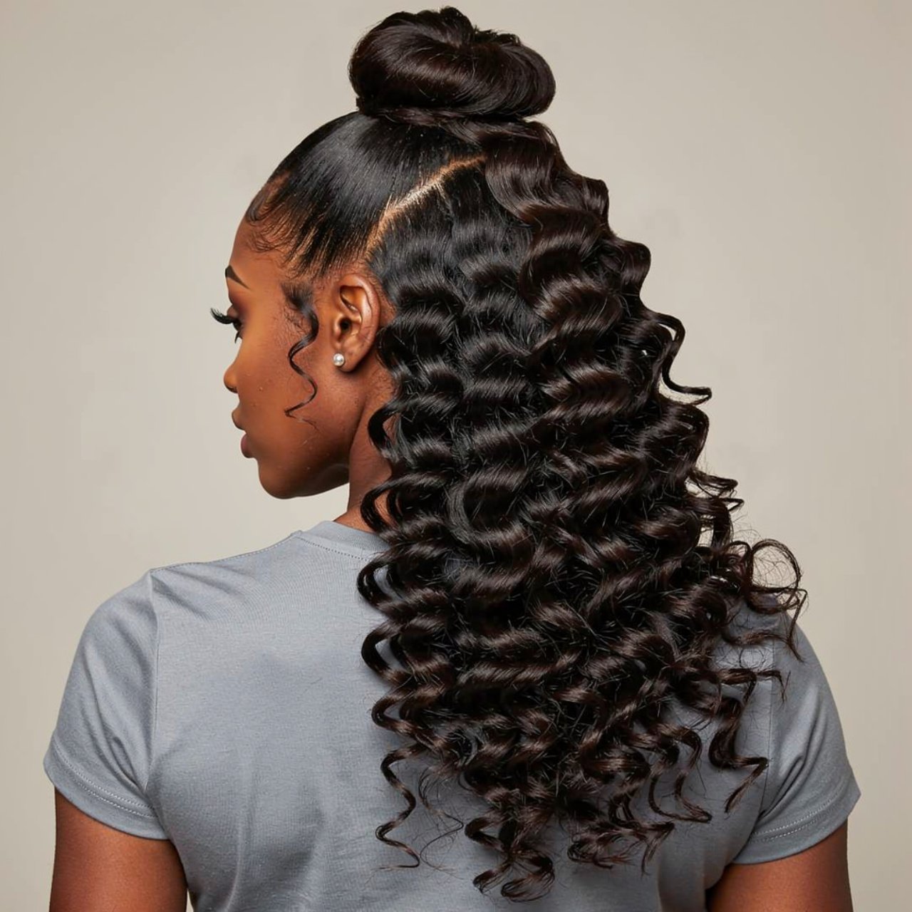 half up half down curly prom hairstyle on a black
