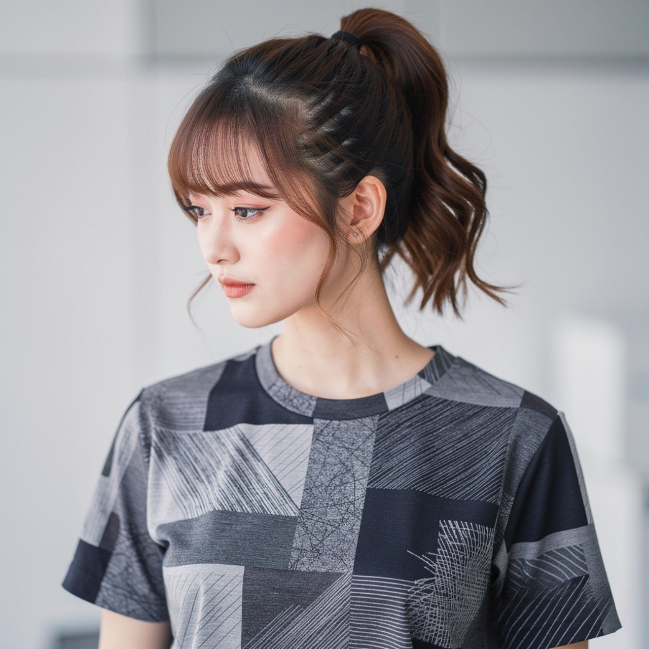 half up ponytail hairstyle with bangs square portr